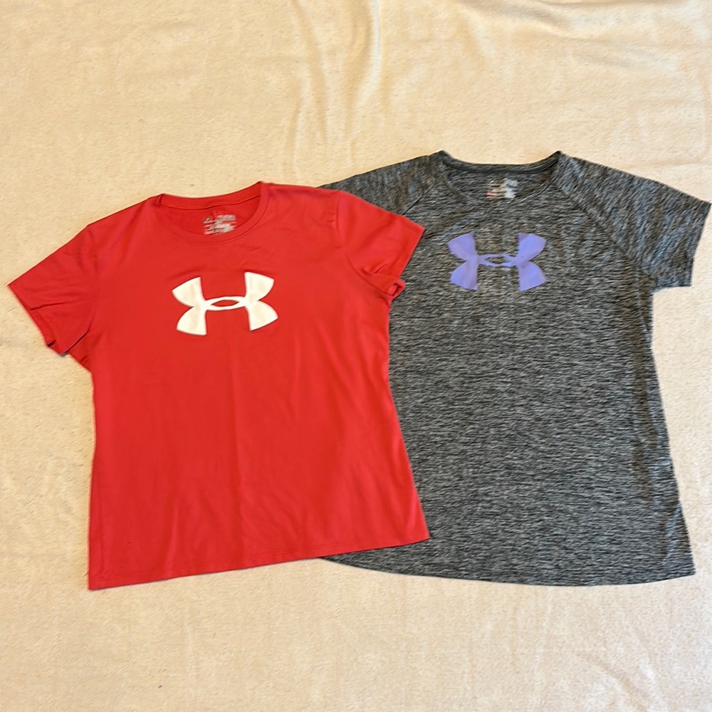 Under armor YXL girls athletic shirts red gray purple